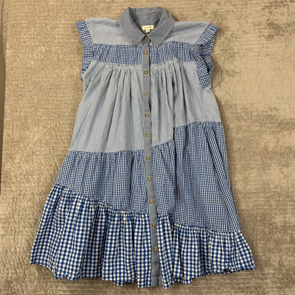 Pilcro Mixed Gingham Pinstripe Tiered Mini Dress Blue White Cotton XXS Pockets